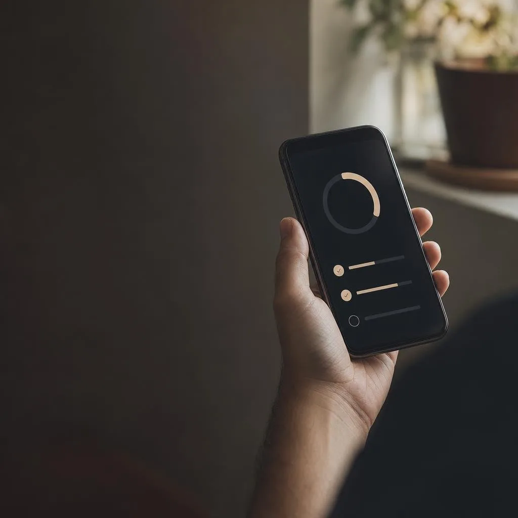 App dark mode and widgets shown on a smartphone